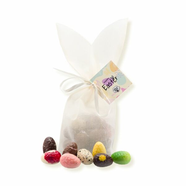 Luxe gevulde bonbon paaseitjes mix in paashaas zakje, 125 gram