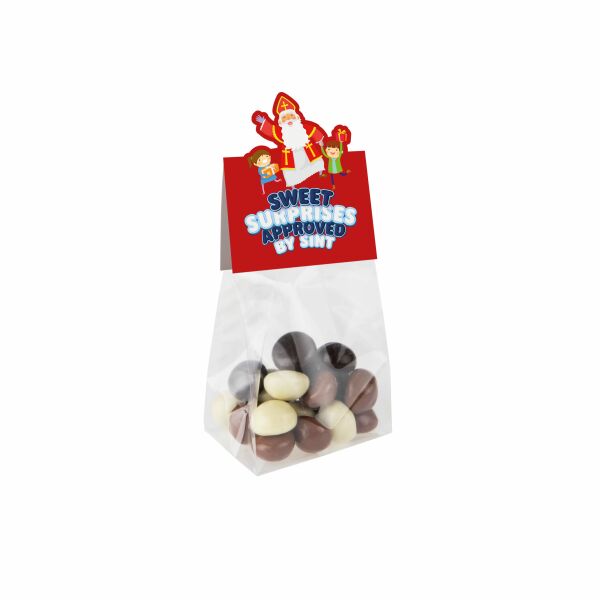 Blokzakje met kopkaartje in eigen vorm en 50 gram snoep Transparant/Wit Gemengde Chocolade Kruidnoten Blokzakje met kopkaartje in eigen vorm en 50 gram snoep Transparant/Wit Gemengde Chocolade Kruidnoten