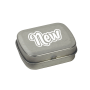 Klein blik met ca. 10 gr. extra strong suikervrije `triangle` mints. - zilver
