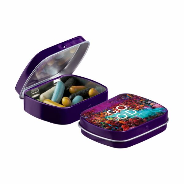 Mini scharnierblikje met snoep Paars Dropstaafjes mix Mini scharnierblikje met snoep Paars Dropstaafjes mix