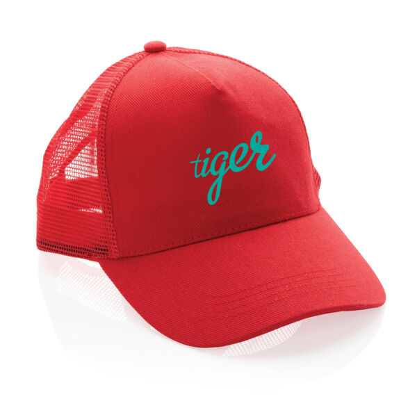 Impact AWARE™ 5 panel recycled katoenen truckercap, rood Impact AWARE™ 5 panel recycled katoenen truckercap, rood