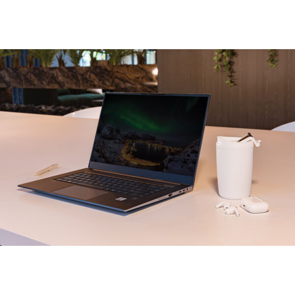 GRS gerecycled PP beker met klapdeksel, wit GRS gerecycled PP beker met klapdeksel, wit