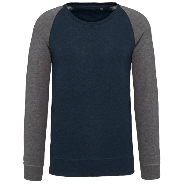 Tweekleurige herensweater BIO French Terry ronde hals raglanmouwen
