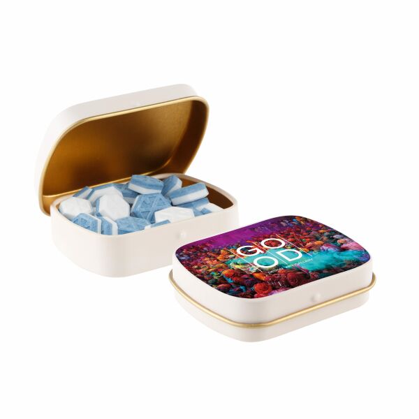 Mini scharnierblikje gevuld met pepermunt Mat Zand/Goud Sportlife mints Mini scharnierblikje gevuld met pepermunt Mat Zand/Goud Sportlife mints