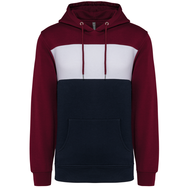 Driekleurige unisex sweater met capuchon Wine / White / Navy XS Driekleurige unisex sweater met capuchon Wine / White / Navy XS