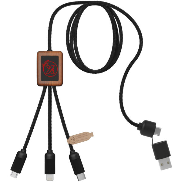 SCX.design C38 40W 5-in-1 oplaadkabel van RPET met oplichtend logo en vierkante houten behuizing