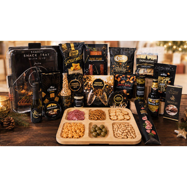 Kerstpakket smakelijk & sfeervol met bamboe snacktray Kerstpakket smakelijk & sfeervol met bamboe snacktray
