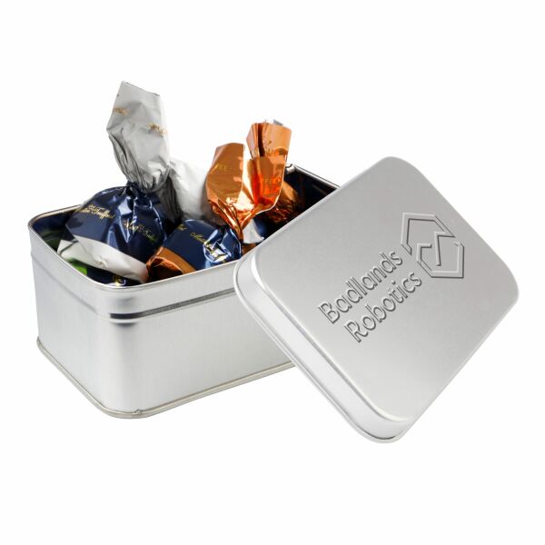 Rechthoekig blik met embossing Zilver Praline crispy mix Rechthoekig blik met embossing Zilver Praline crispy mix