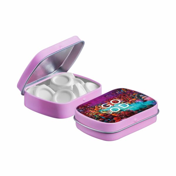 Mini scharnierblikje met vorm pepermunt Roze Moer Mini scharnierblikje met vorm pepermunt Roze Moer