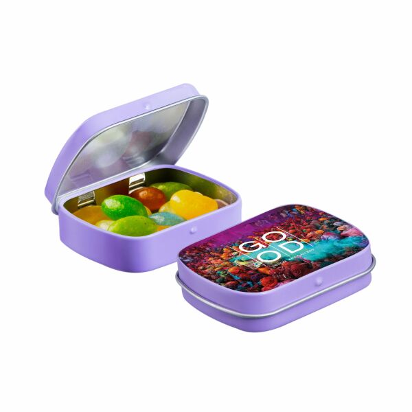 Mini scharnierblikje met snoep Lila Jelly beans Mini scharnierblikje met snoep Lila Jelly beans
