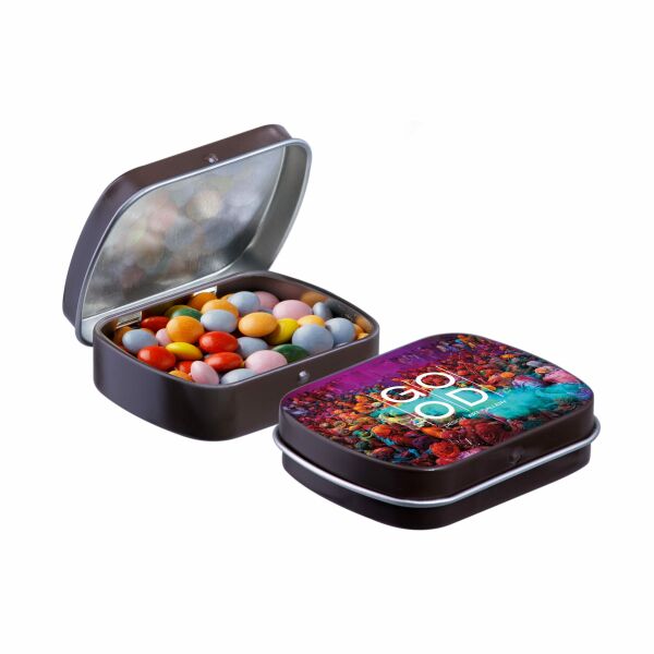 Mini scharnierblikje met snoep Bruin Mini choco Mini scharnierblikje met snoep Bruin Mini choco
