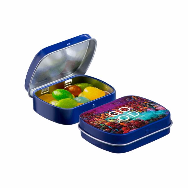 Mini scharnierblikje met snoep Blauw Jelly beans Mini scharnierblikje met snoep Blauw Jelly beans