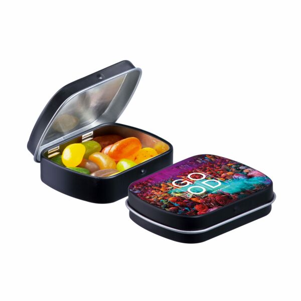 Mini scharnierblikje met snoep Mat Zwart Jelly beans Mini scharnierblikje met snoep Mat Zwart Jelly beans