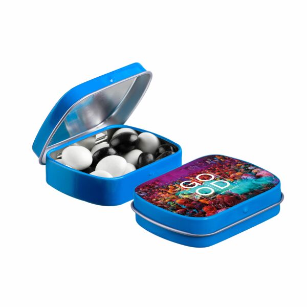 Mini scharnierblikje met snoep Kobalt Zwart-wit dragees Mini scharnierblikje met snoep Kobalt Zwart-wit dragees