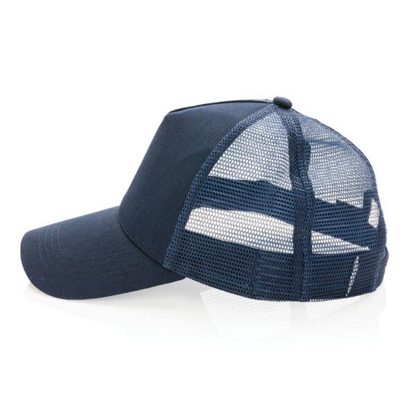 Impact AWARE™ 5 panel recycled katoenen truckercap, donkerblauw Impact AWARE™ 5 panel recycled katoenen truckercap, donkerblauw