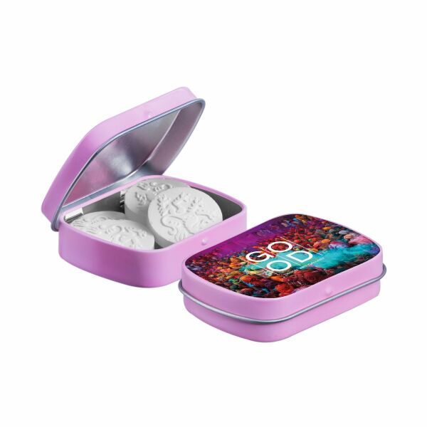 Mini scharnierblikje met vorm pepermunt Roze Leeuw pepermunt Mini scharnierblikje met vorm pepermunt Roze Leeuw pepermunt