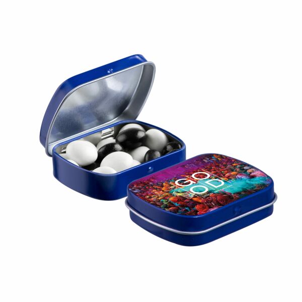 Mini scharnierblikje met snoep Blauw Zwart-wit dragees Mini scharnierblikje met snoep Blauw Zwart-wit dragees
