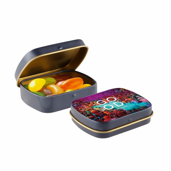 Mini scharnierblikje met snoep Mat Donkerblauw/Goud Jelly beans Mini scharnierblikje met snoep Mat Donkerblauw/Goud Jelly beans