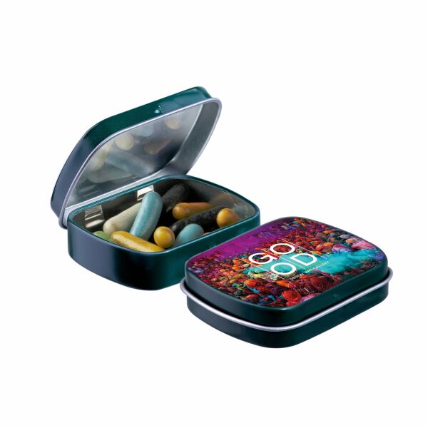 Mini scharnierblikje met snoep Donkergroen Dropstaafjes mix Mini scharnierblikje met snoep Donkergroen Dropstaafjes mix