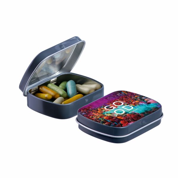 Mini scharnierblikje met snoep Donkergrijs Dropstaafjes mix Mini scharnierblikje met snoep Donkergrijs Dropstaafjes mix