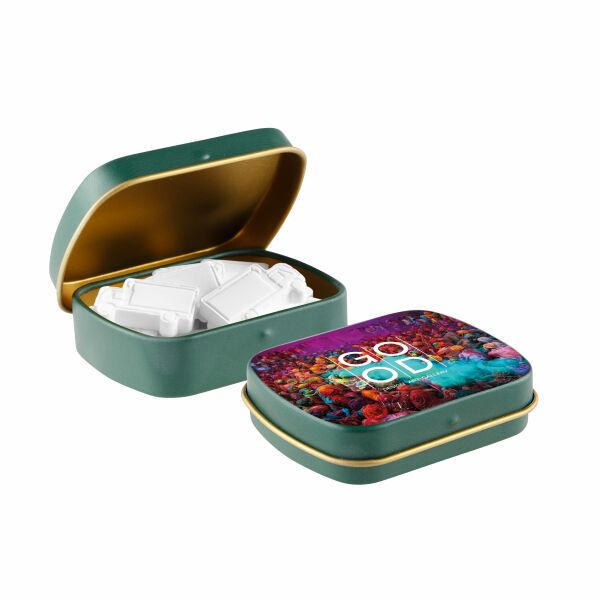 Mini scharnierblikje met vorm pepermunt Mat groen/goud Vrachtwagen Mini scharnierblikje met vorm pepermunt Mat groen/goud Vrachtwagen