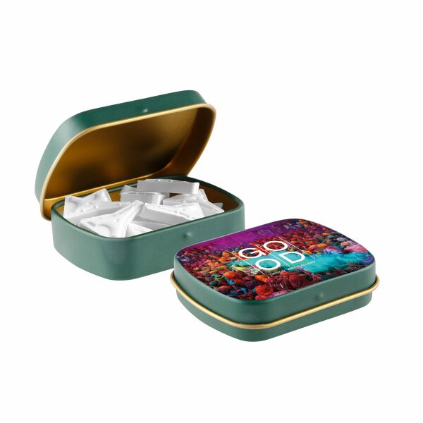 Mini scharnierblikje met vorm pepermunt Mat groen/goud Eiffel toren Mini scharnierblikje met vorm pepermunt Mat groen/goud Eiffel toren