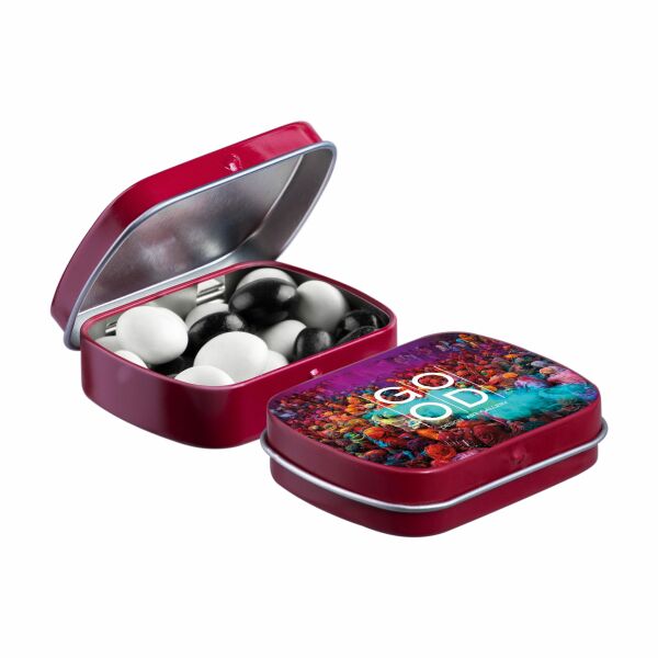 Mini scharnierblikje met snoep Wijnrood Zwart-wit dragees Mini scharnierblikje met snoep Wijnrood Zwart-wit dragees