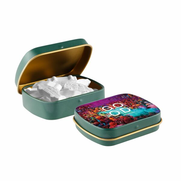 Mini scharnierblikje met vorm pepermunt Mat groen/goud Auto Mini scharnierblikje met vorm pepermunt Mat groen/goud Auto