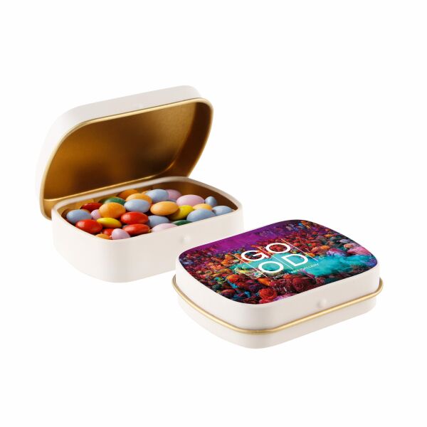 Mini scharnierblikje met snoep Mat Zand/Goud Mini choco Mini scharnierblikje met snoep Mat Zand/Goud Mini choco