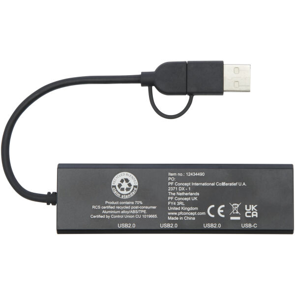 Rise USB 2.0 hub van RCS gerecycled aluminium - Zwart