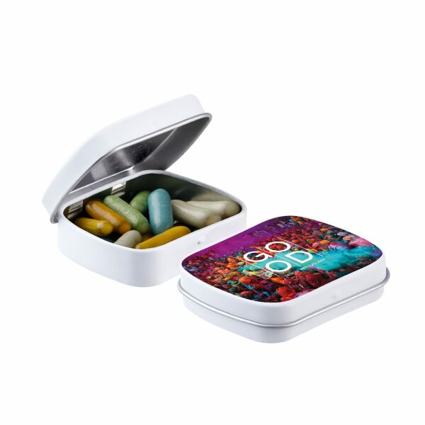 Mini scharnierblikje met snoep Mat Wit Dropstaafjes mix Mini scharnierblikje met snoep Mat Wit Dropstaafjes mix