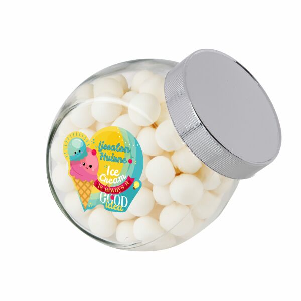 Medium glazen pot, gevuld met snoep Zilver KING pepermunt ballen Medium glazen pot, gevuld met snoep Zilver KING pepermunt ballen