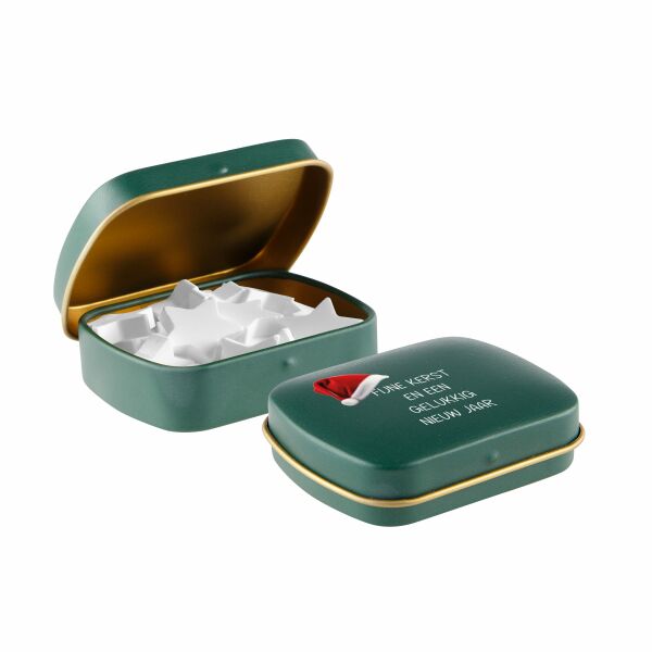 Mini scharnierblikje met vorm pepermunt Mat groen/goud Ster Mini scharnierblikje met vorm pepermunt Mat groen/goud Ster