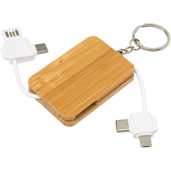 Reel 6-in-1 retractable bamboo key ring charging cable - Natural