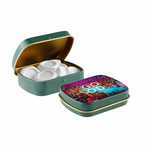 Mini scharnierblikje met vorm pepermunt Mat groen/goud Moer Mini scharnierblikje met vorm pepermunt Mat groen/goud Moer