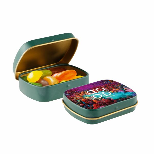 Mini scharnierblikje met snoep Mat Groen/Goud Jelly beans Mini scharnierblikje met snoep Mat Groen/Goud Jelly beans