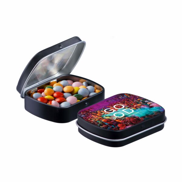Mini scharnierblikje met snoep Mat Zwart Mini choco Mini scharnierblikje met snoep Mat Zwart Mini choco