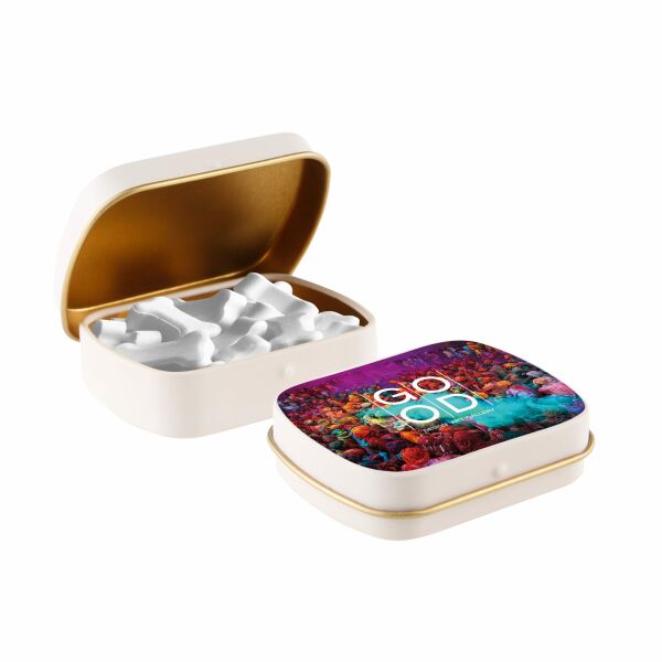 Mini scharnierblikje met vorm pepermunt Mat zand/goud Botjes druivensuiker mints Mini scharnierblikje met vorm pepermunt Mat zand/goud Botjes druivensuiker mints