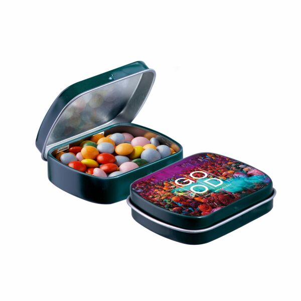 Mini scharnierblikje met snoep Donkergroen Mini choco Mini scharnierblikje met snoep Donkergroen Mini choco