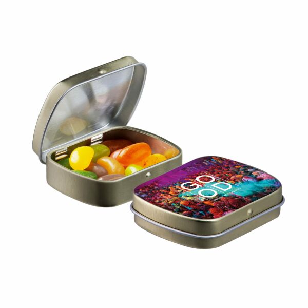 Mini scharnierblikje met snoep Goud Jelly beans Mini scharnierblikje met snoep Goud Jelly beans