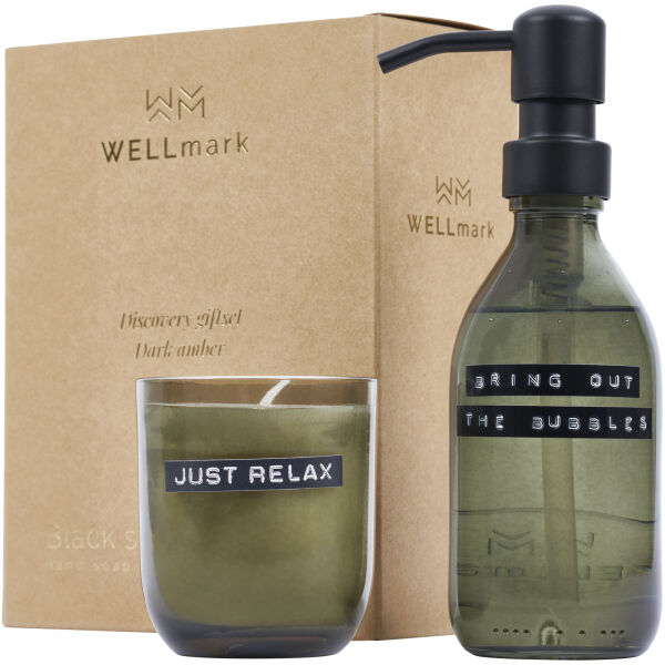 Wellmark Discovery 200 ml handzeepdispenser en 150 g geurkaarsenset - donker amberkleurige geur