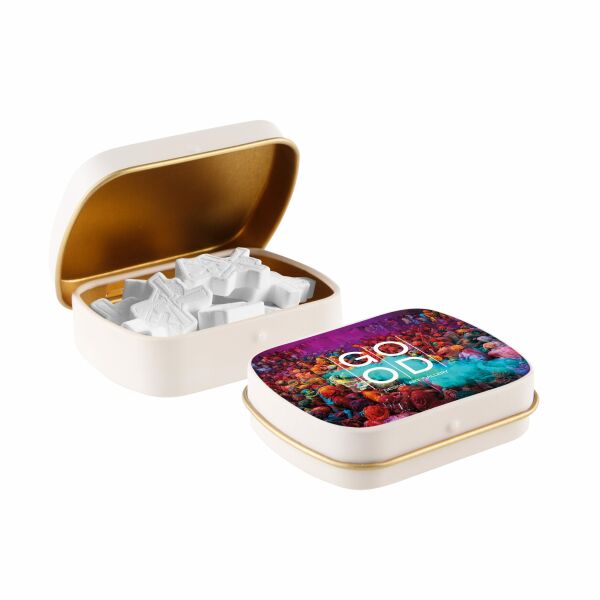 Mini scharnierblikje met vorm pepermunt Mat zand/goud Molen Mini scharnierblikje met vorm pepermunt Mat zand/goud Molen