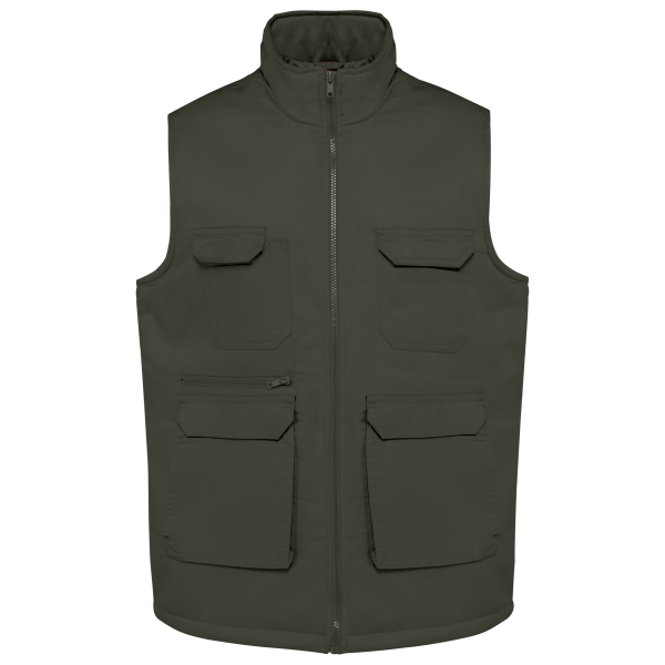 Gewatteerde uniseks bodywarmer van polykatoen multizakken Dark Khaki XS Gewatteerde uniseks bodywarmer van polykatoen multizakken Dark Khaki XS