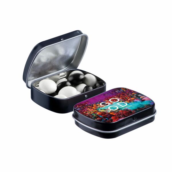 Mini scharnierblikje met snoep Zwart Zwart-wit dragees Mini scharnierblikje met snoep Zwart Zwart-wit dragees