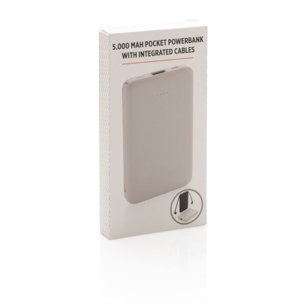 5.000 mAh zakformaat powerbank met geïntegreerde kabels, wit 5.000 mAh zakformaat powerbank met geïntegreerde kabels, wit
