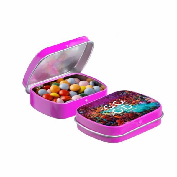 Mini scharnierblikje met snoep Fuchsia Mini choco Mini scharnierblikje met snoep Fuchsia Mini choco
