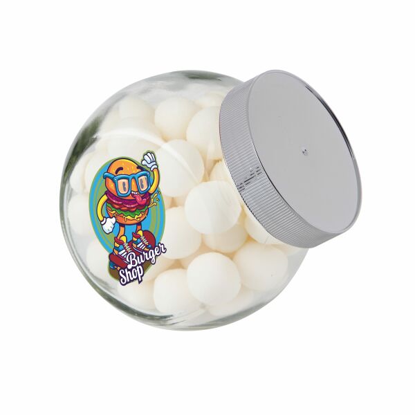 Klein glazen potje 0,4 liter, gevuld met snoep Zilver KING pepermunt ballen Klein glazen potje 0,4 liter, gevuld met snoep Zilver KING pepermunt ballen