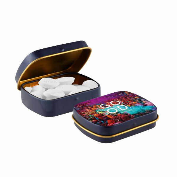 Mini scharnierblikje gevuld met pepermunt Mat Donkerblauw/Goud KING mini pepermuntjes Mini scharnierblikje gevuld met pepermunt Mat Donkerblauw/Goud KING mini pepermuntjes