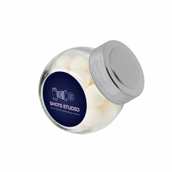 Mini glazen potje 0,2 liter, gevuld met snoep Zilver KING pepermunt ballen Mini glazen potje 0,2 liter, gevuld met snoep Zilver KING pepermunt ballen
