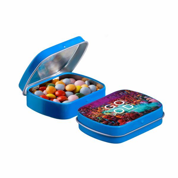 Mini scharnierblikje met snoep Kobalt Mini choco Mini scharnierblikje met snoep Kobalt Mini choco
